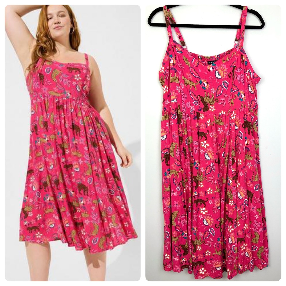 Torrid Sz 2 2X Lenny Sweetheart Pink Leopard Jungle Floral Smocked Midi Dress